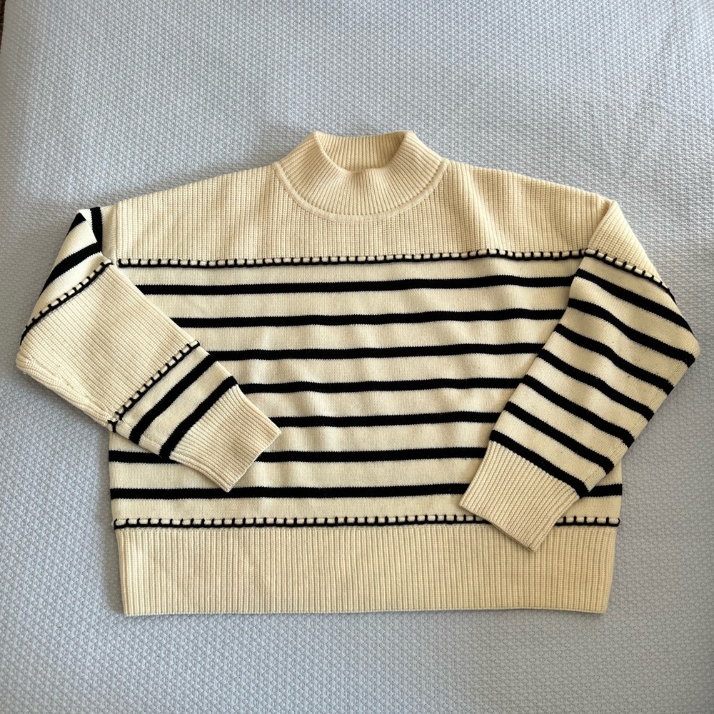 La Ligne Marine Mockneck Cream & Navy Stripe Blanket Stitch Merino Wool Sweater